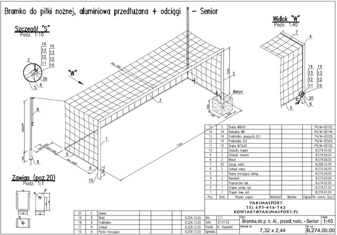 Bramka aluminiowa senior 7,32 x 2,44 m mocowana w tulejach (BR0007)